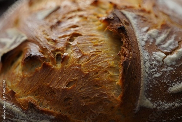 Fototapeta Close-up of golden-brown sourdough bread loaf with a crisp, textured crust and flour dusting