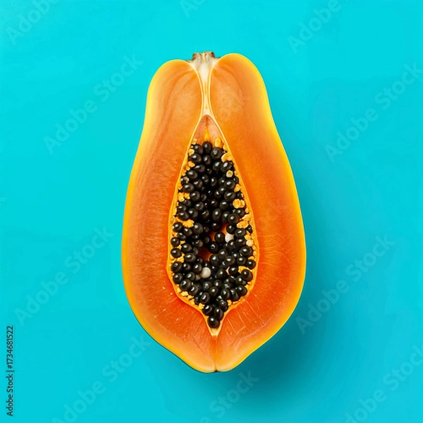 Fototapeta Halved Papaya with Orange Flesh and Black Seeds on Bright Turquoise Background for Tropical and Culinary Visual Concept
