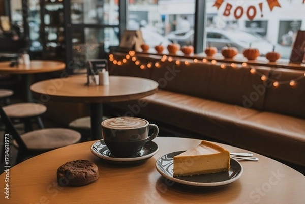 Fototapeta Slice of pumpkin cheesecake next to a steaming mug with coffee on a rustic table, surrounded by subtle halloween decor like mini pumpkins in the coffee shop