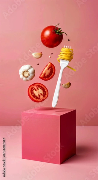 Fototapeta Floating Italian Ingredients Above Pink Cube on Pink Background for Artistic Pasta Concept with Tomato, Garlic, and Spaghetti
