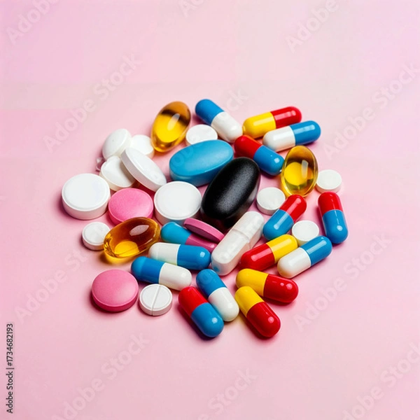 Fototapeta Assorted Pills and Capsules Scattered on Pink Surface for Healthcare, Medication, and Pharmaceutical Concept Visual
