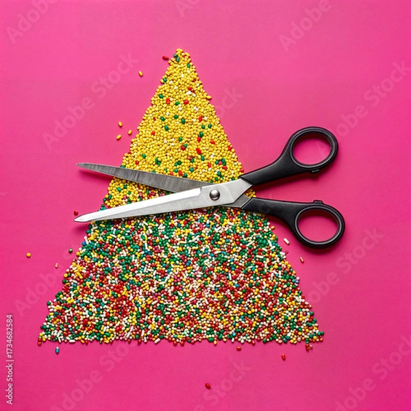 Fototapeta Black Scissors on Triangular Arrangement of Colorful Sprinkles with Pink Background for Artistic and Whimsical Concept
