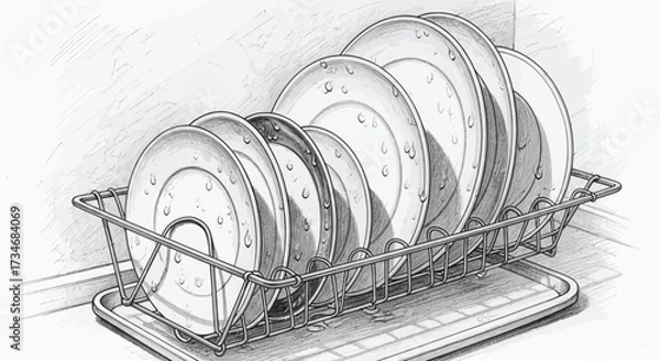 Fototapeta Stacked plates with water droplets in a dish rack, sketch style
