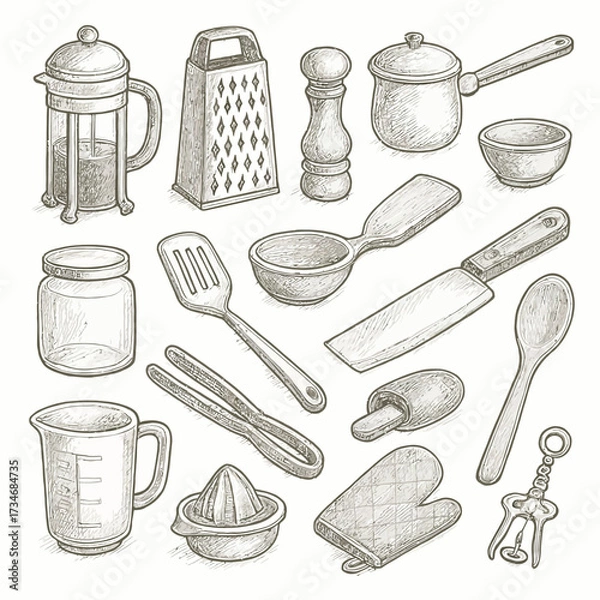 Fototapeta Kitchen Utensils, Cooking Tools, and Gadgets in Sketch Style