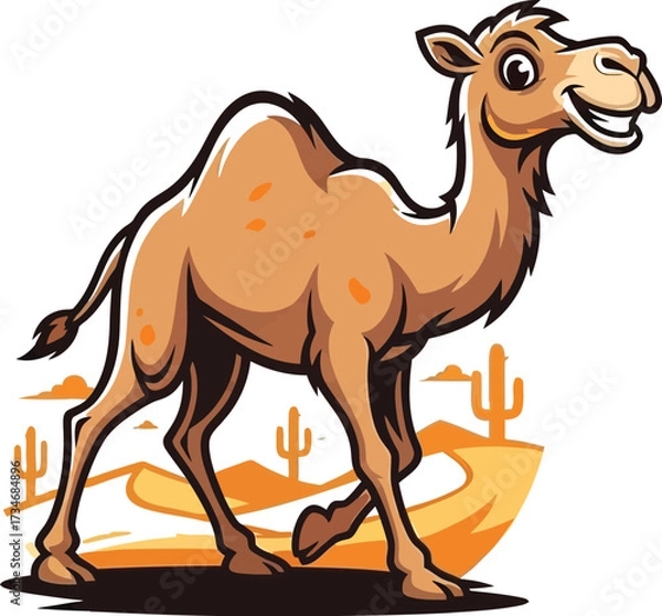Fototapeta Cartoon camel walking, desert animal, travel
