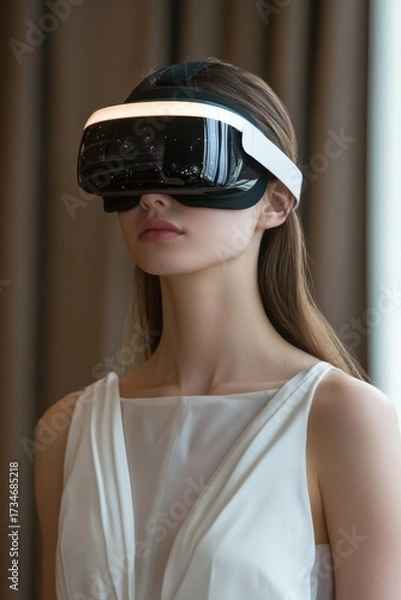Obraz Businesswoman using VR headset to view AI project data