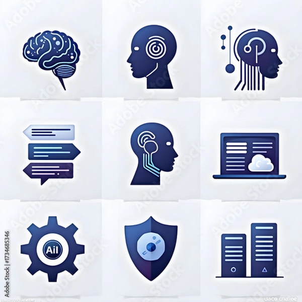 Obraz Modern AI Technology Icon Set – Flat Vector Illustration for Apps and Presentations