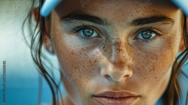 Obraz close-up of a female tennis players face focusing before serve, intense emotion