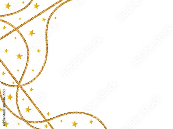 Fototapeta Golden braided rope with scattered golden stars on white background. Elegant festive border design with copy space for greeting cards, invitations, or holiday banners.
