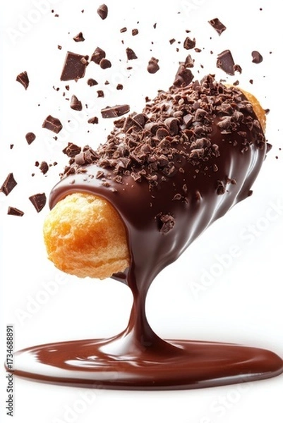 Obraz eclair flying with chocolate glaze splash, isolated on white background