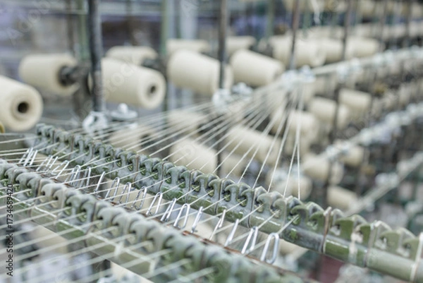 Fototapeta Warp threads on guide hooks in modern textile factory