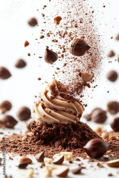 Obraz hazelnut praline pastry flying with nut crumbs and cocoa dust, isolated on white background