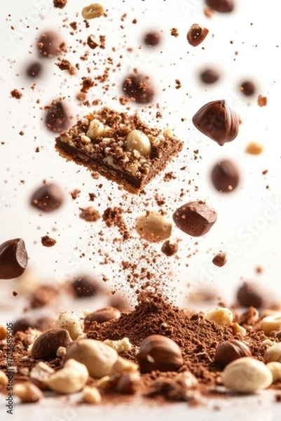 Obraz hazelnut praline pastry flying with nut crumbs and cocoa dust, isolated on white background