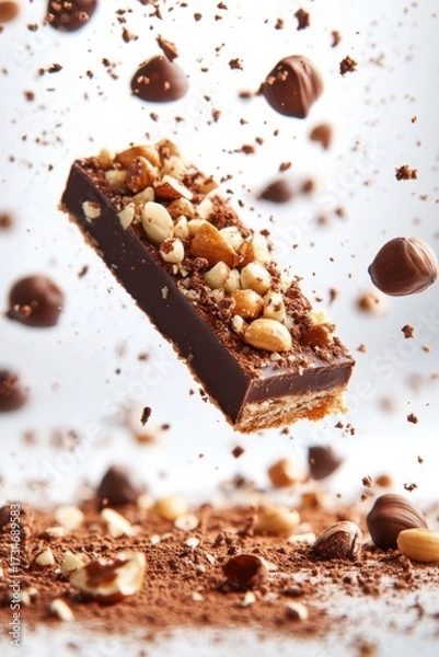 Obraz hazelnut praline pastry flying with nut crumbs and cocoa dust, isolated on white background