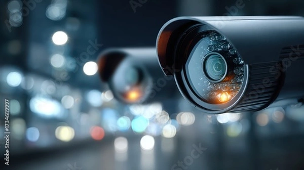 Fototapeta Security Cameras Overlooking City Street at Night with Bokeh Lights