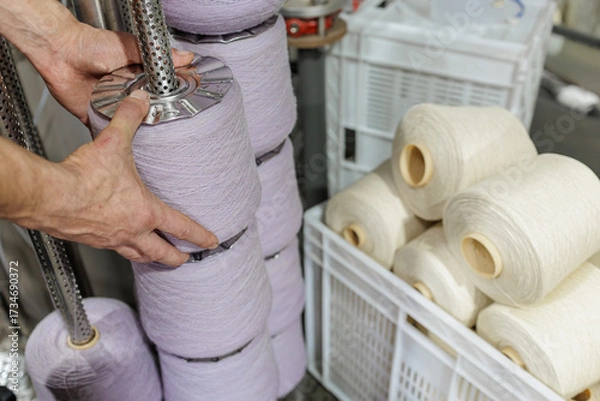 Fototapeta Operator loading yarn cones on dyeing carrier in textile factory