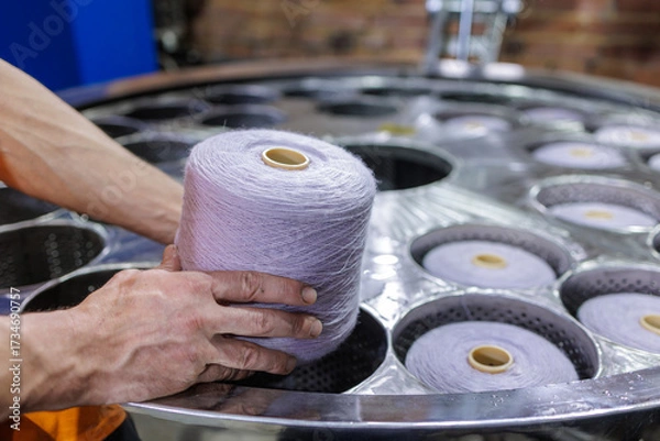 Fototapeta Worker loading yarn cone into dyeing machine basket in textile factory