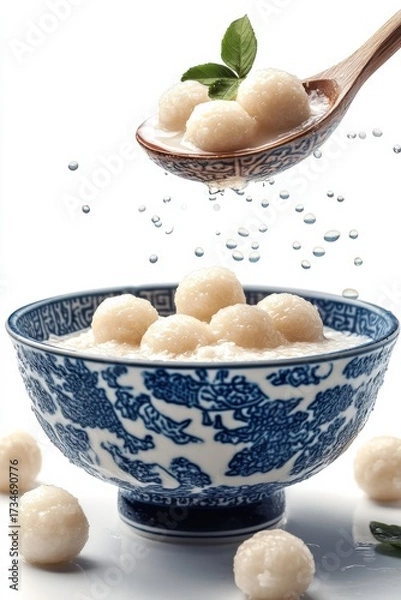 Obraz khanom bua loy flying with coconut milk and taro balls, isolated on white background