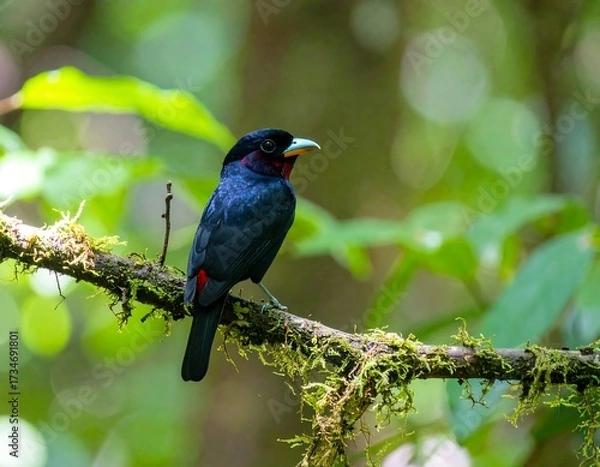 Fototapeta Black bird perched on a branch in a lush forest