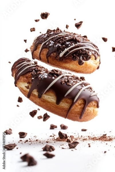 Obraz pain au chocolat flying with chocolate drizzle and crumbs, isolated on white background