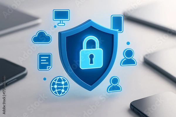 Obraz Data protection shield with glowing lock icon for internet and network security concept