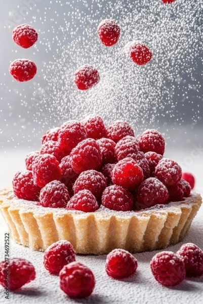 Obraz raspberry tart flying with powdered sugar and fruit, isolated on white background