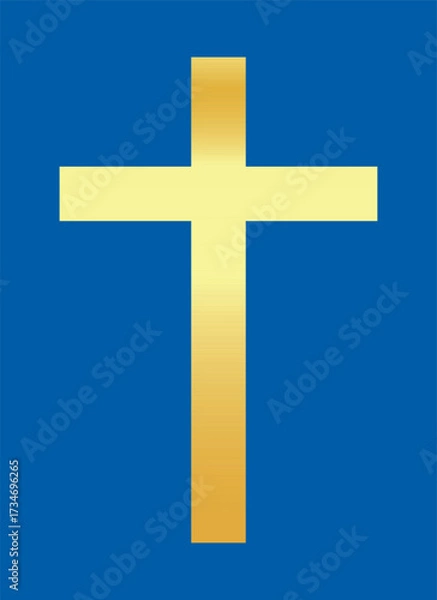 Fototapeta Golden shiny christian cross isolated on a blue background. A symbol of the love of Jesus. God vector illustration. Catholic symbol flat vector gold cross. Christian cross symbol icon.