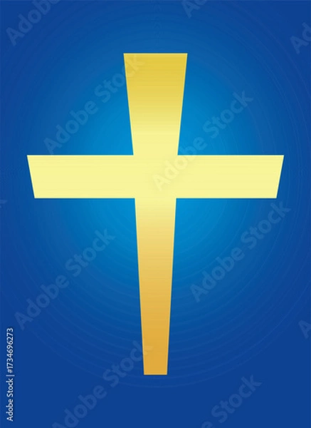 Fototapeta Golden shiny christian cross isolated on a blue background. A symbol of the love of Jesus. God vector illustration. Catholic symbol flat vector gold cross. Christian cross symbol icon.