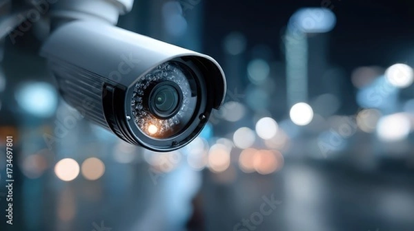Fototapeta Security Camera Overlooking City at Night, Surveillance and Protection