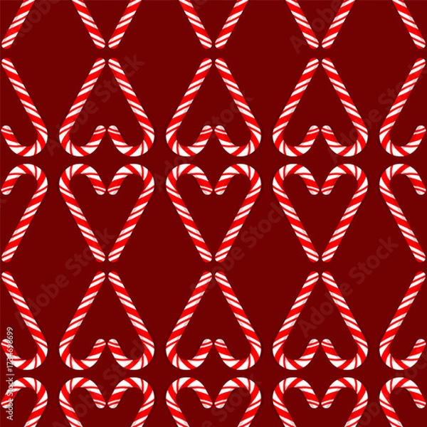 Fototapeta Seamless pattern of Christmas red and white striped sugar cane heart shaped checkerboard pattern on red background