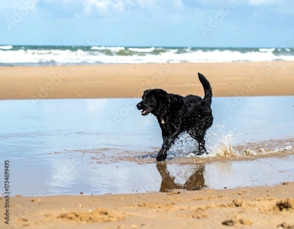 Fototapeta Black lab running through shallow water on a beach