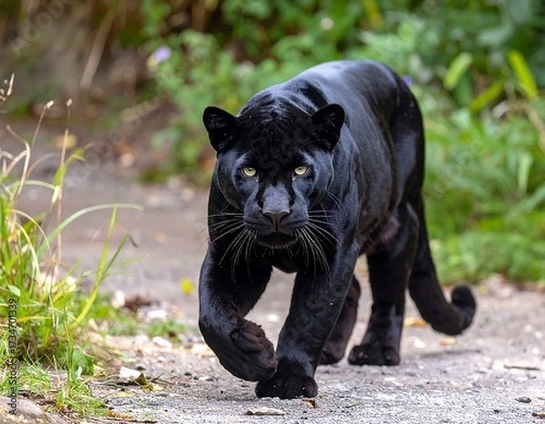 Fototapeta Black panther strolls a path in a forest