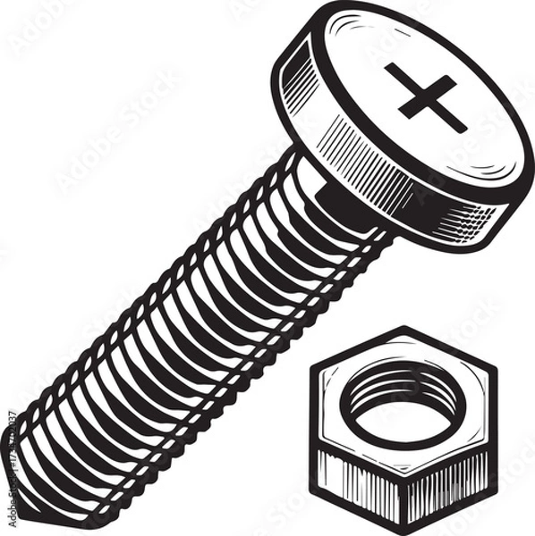 Obraz Black, abstract close-up pattern of metal bolts and nuts with a spiral spring on industrial steel equipment for the construction business