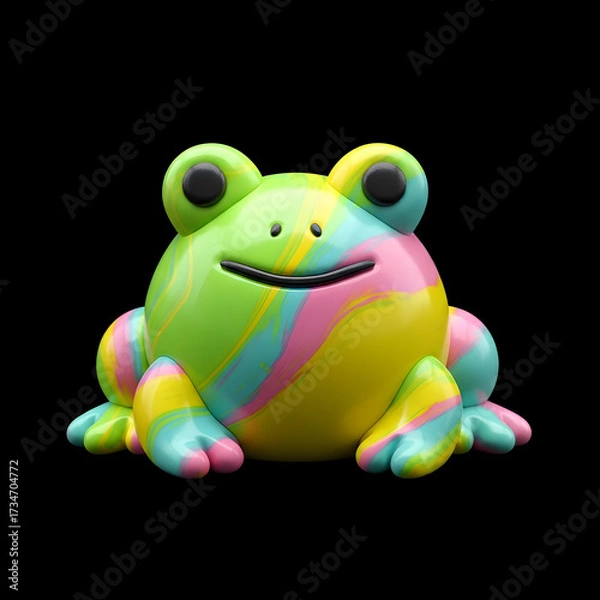 Fototapeta Playful clay frog figurine with glossy pastel swirls of green, teal, pink, and yellow, featuring round black eyes and a smiling face