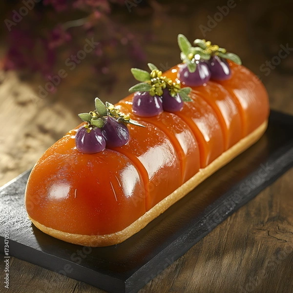 Fototapeta Colorful dessert with glossy glaze and edible flowers presented on a black plate in a warm-lit setting