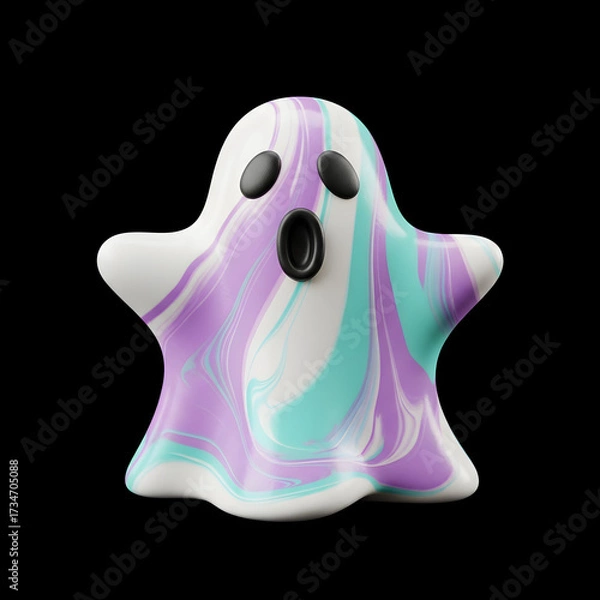 Fototapeta Playful clay ghost in white with swirling teal and purple pastel patterns, featuring black eyes and open mouth on black background