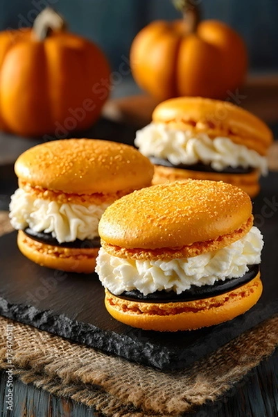 Fototapeta Delicious pumpkin-flavored macarons with creamy filling perfect for fall gatherings