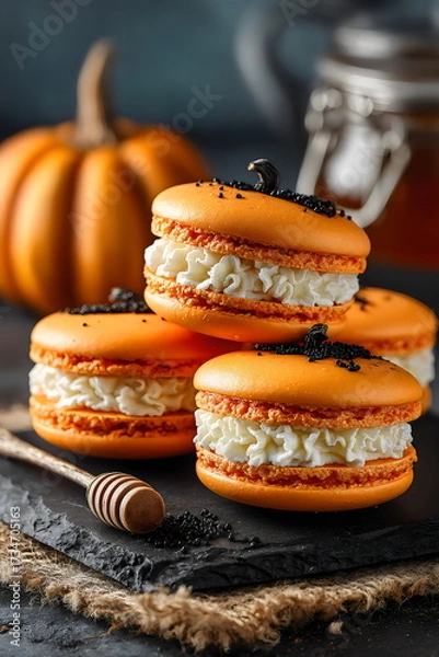 Fototapeta Delicious pumpkin-flavored macarons stacked on a dark slate serving board during autumn season