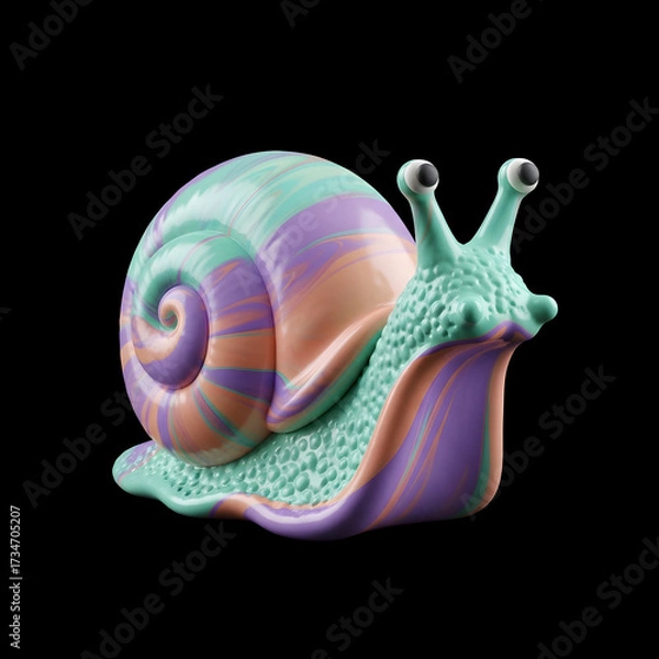 Fototapeta Playful clay snail with glossy pastel swirls of teal, purple, and peach on spiral shell, featuring textured body and cartoon eyes
