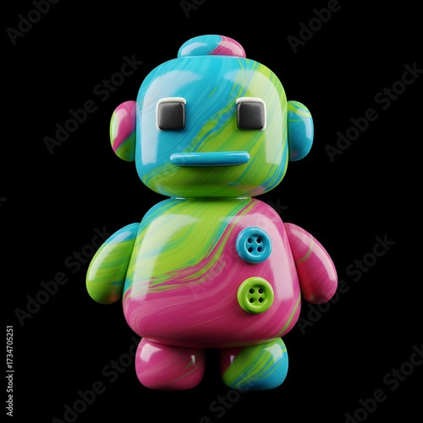 Fototapeta Playful clay robot with glossy pastel swirls of blue, pink, and green, square black eyes, simple mouth, and button details