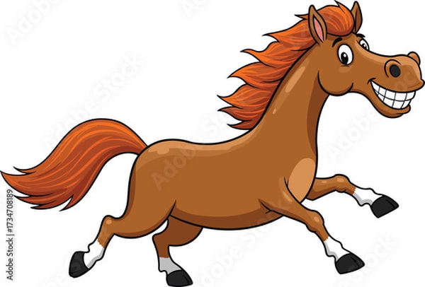 Obraz Cheerful cartoon horse galloping with orange mane, smiling face, white background, energetic motion, fun animal character for kids and design
