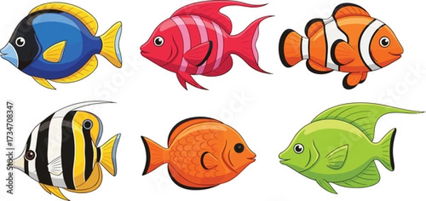 Obraz Colorful cartoon fish collection, six vibrant aquatic animals with unique patterns, isolated vector illustration for kids, education, decoration, design