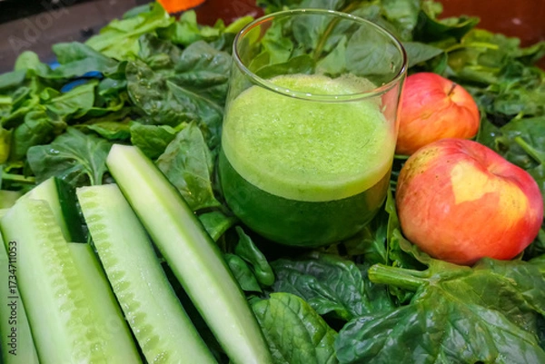 Obraz This close-up view captures a freshly blended green smoothie in a glass, showing its frothy texture, surrounded by spinach, apples, and cucumber, representing a delicious and healthy choice.