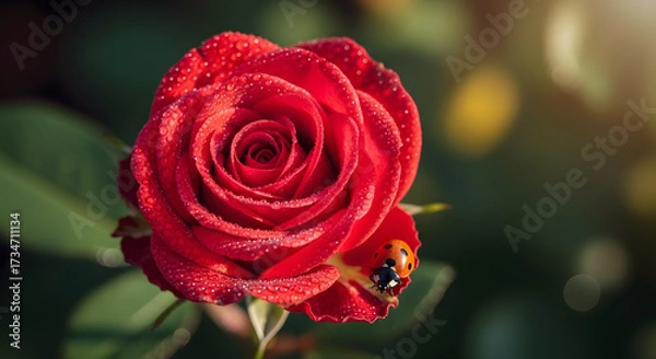 Obraz Radiant Red Rose Blossoms Gently With Ladybug and Morning Dew