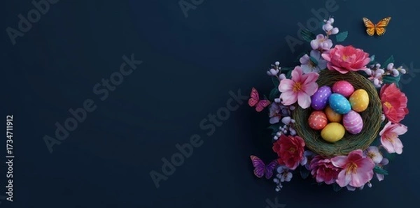 Fototapeta easter eggs in a nest with flowers and butterflies