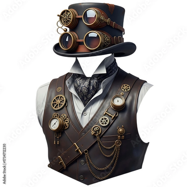 Fototapeta Steampunk gentleman bust with goggles and clockwork accessories isolated on transparent background