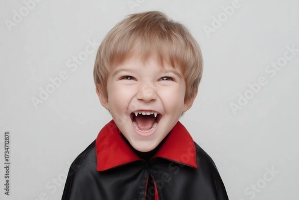 Fototapeta Laughing boy in black and red vampire costume with fangs