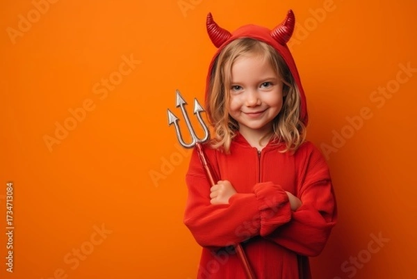 Fototapeta Smiling girl in devil costume with horns and trident on orange background