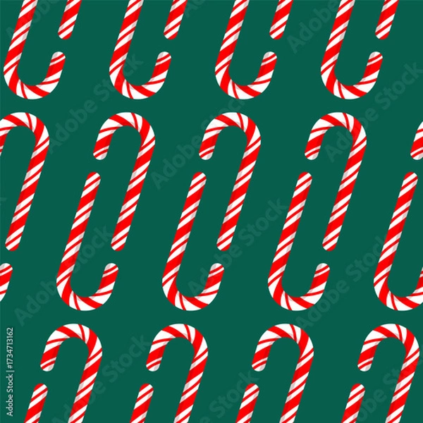 Fototapeta Seamless pattern of stacked Christmas sugar canes on a green background