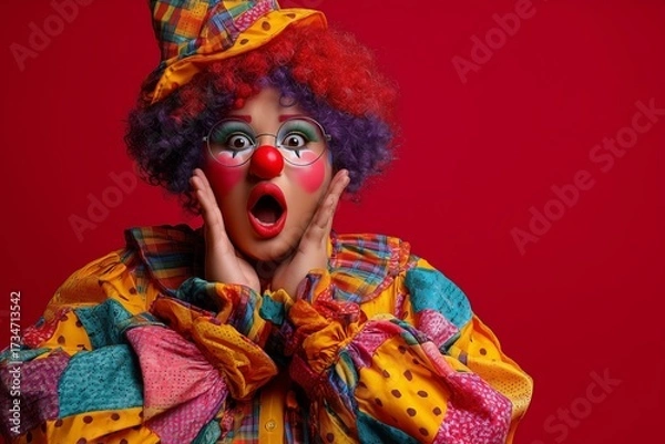 Fototapeta Surprised clown in colorful costume with red nose on red background